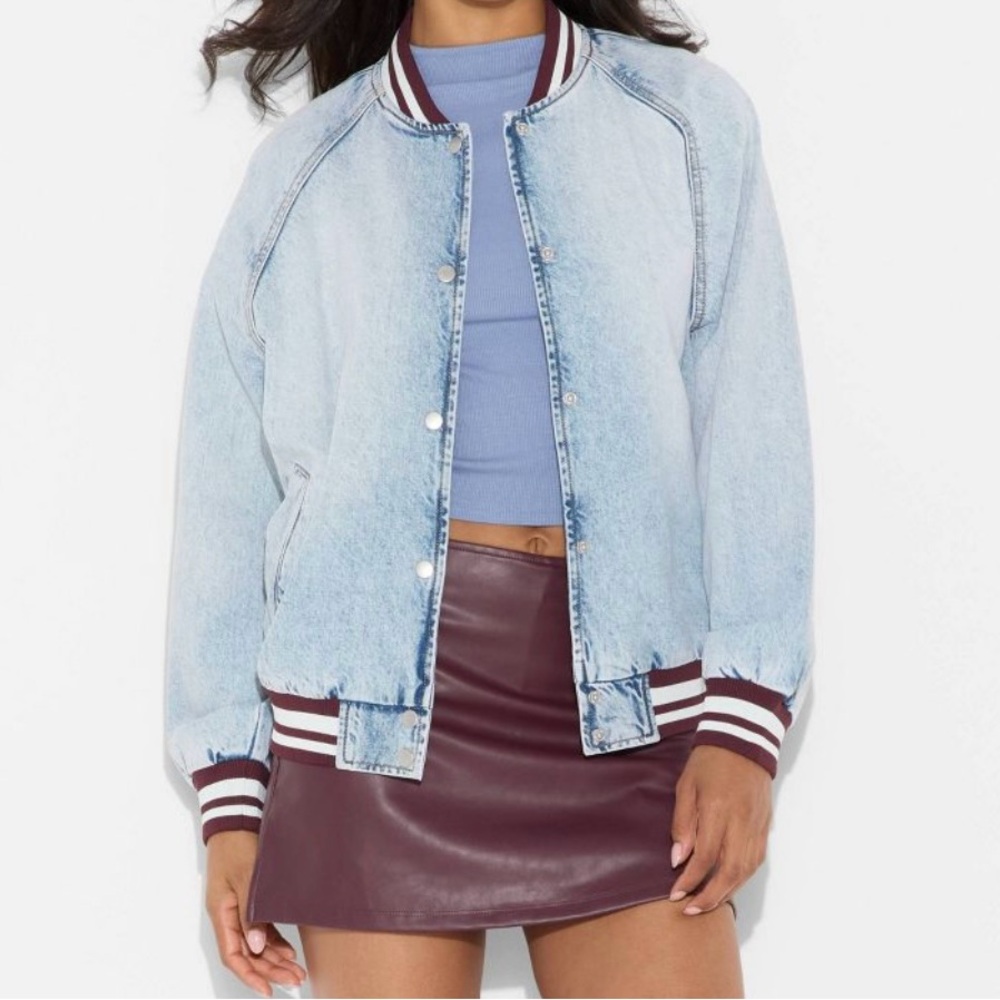 wild fable Light Blue Denim Bomber Jacket with Burgundy-White Trim